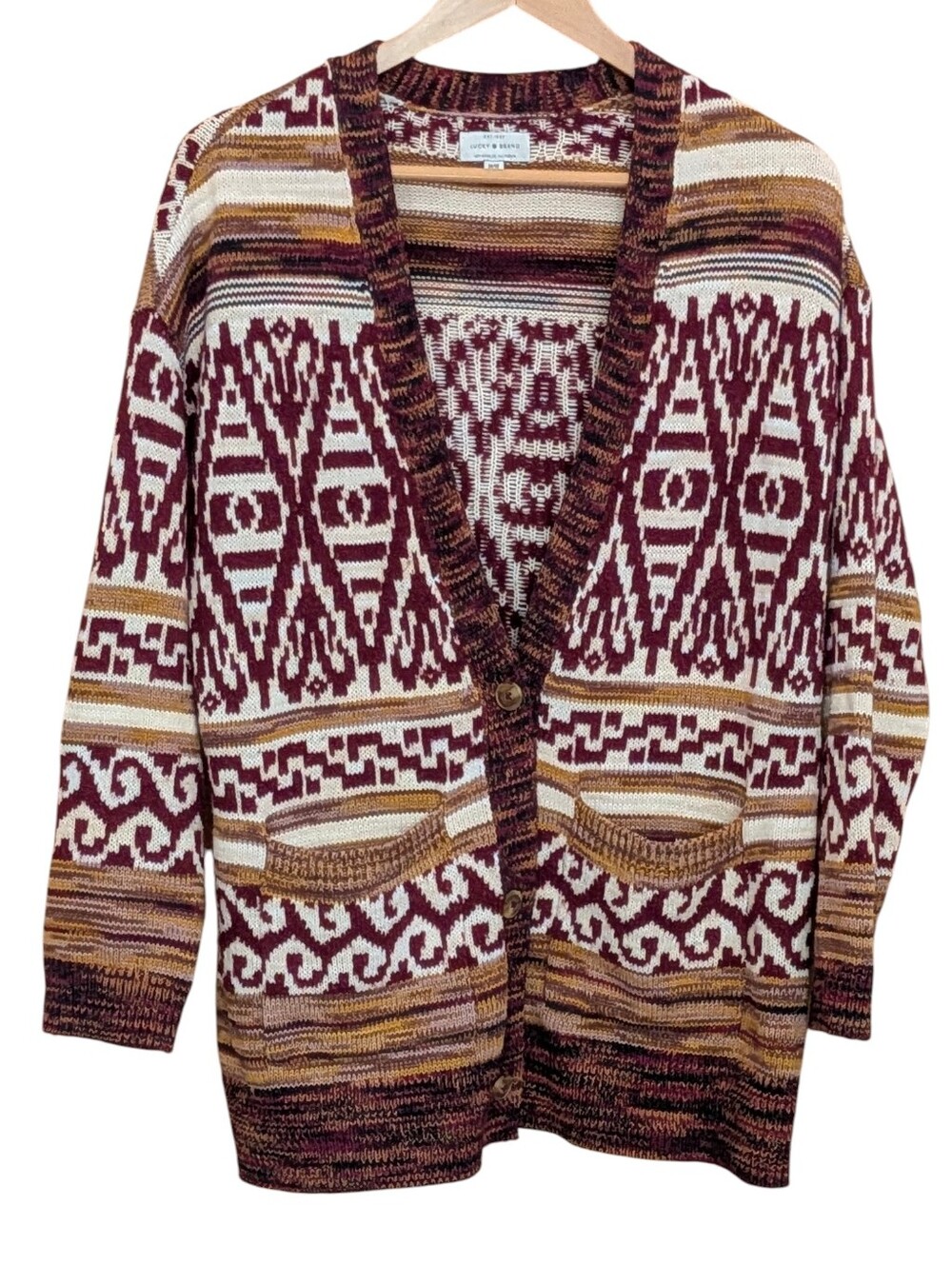 Lucky Brand Oversize Chunky Geometric Knit Cardigan Women's M Grandpa Cozy